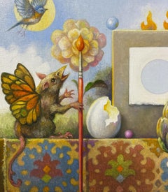 "Madonna and Child Revisited" - surrealist still life painting, patterns, bird