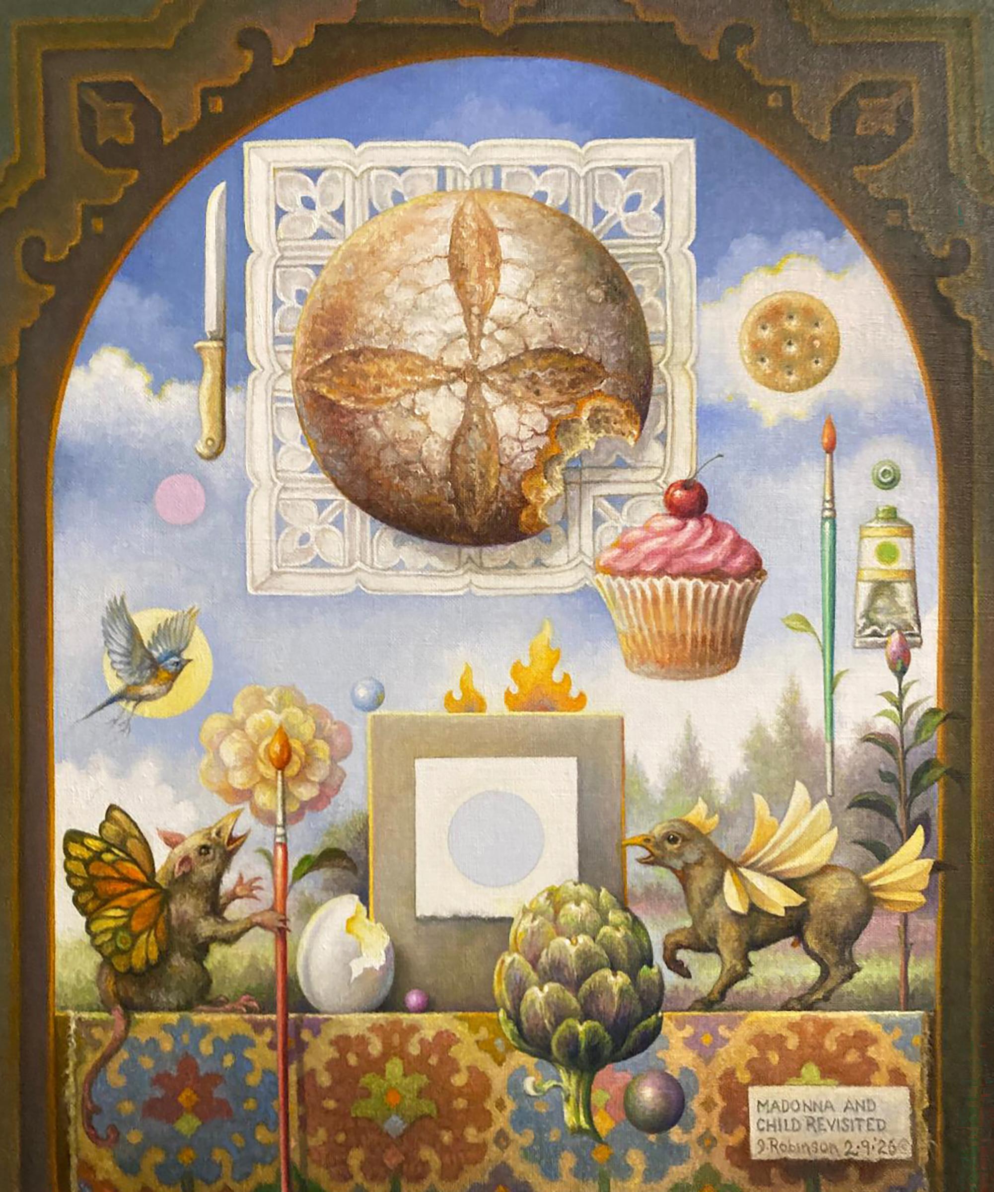 "Madonna and Child Revisited" - surrealist still life painting, patterns, bird