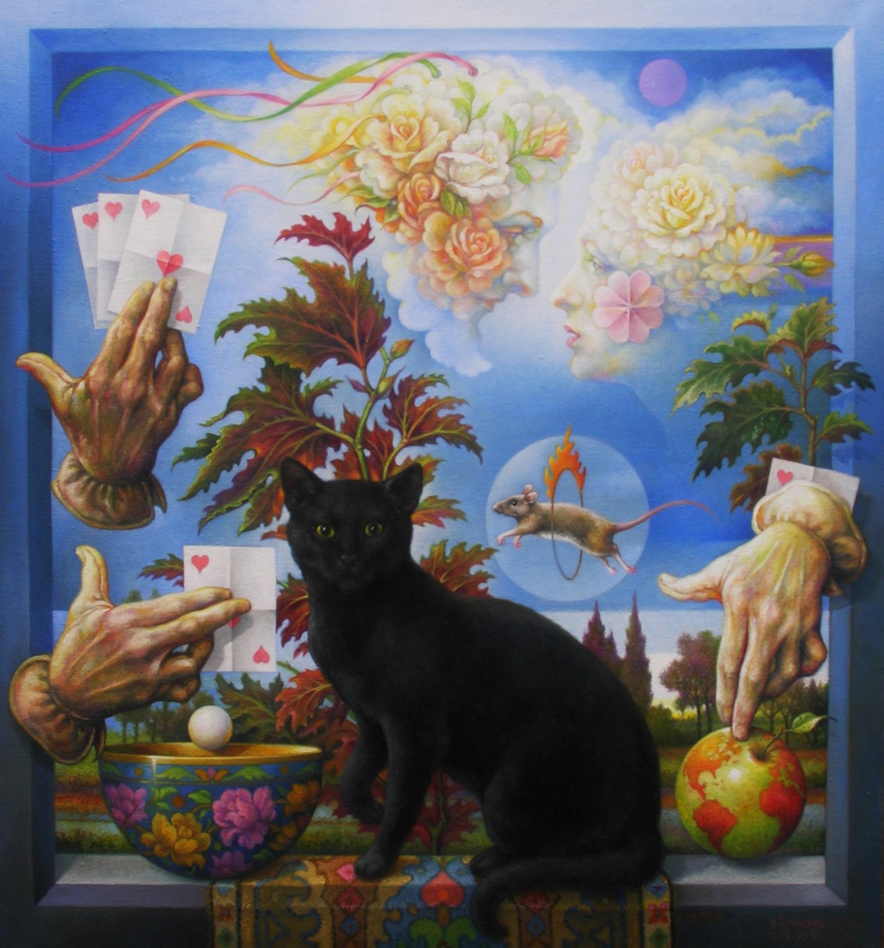 Guy Robinson Still-Life Painting – ""Magisch"" - Surrealistisches Gemälde - Stillleben - Katze - blauer Vogel - Arcimboldo