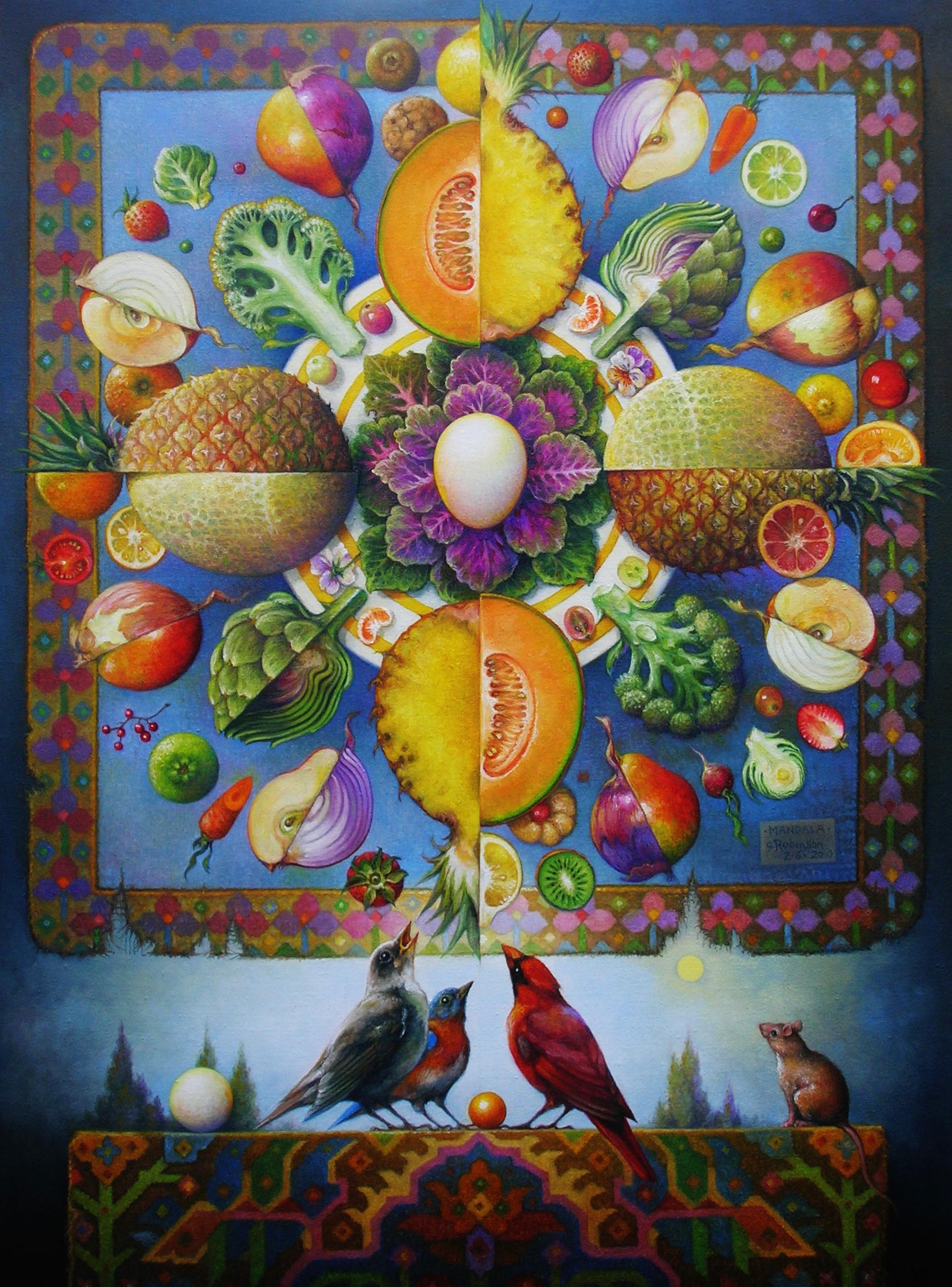 Guy Robinson Still-Life Painting - "Mandala" - Surrealist Painting - Still Life - fruit - birds - Arcimboldo