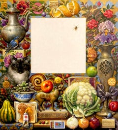 "Minimalism" - surrealist still life, flowers, cat, apple, bird
