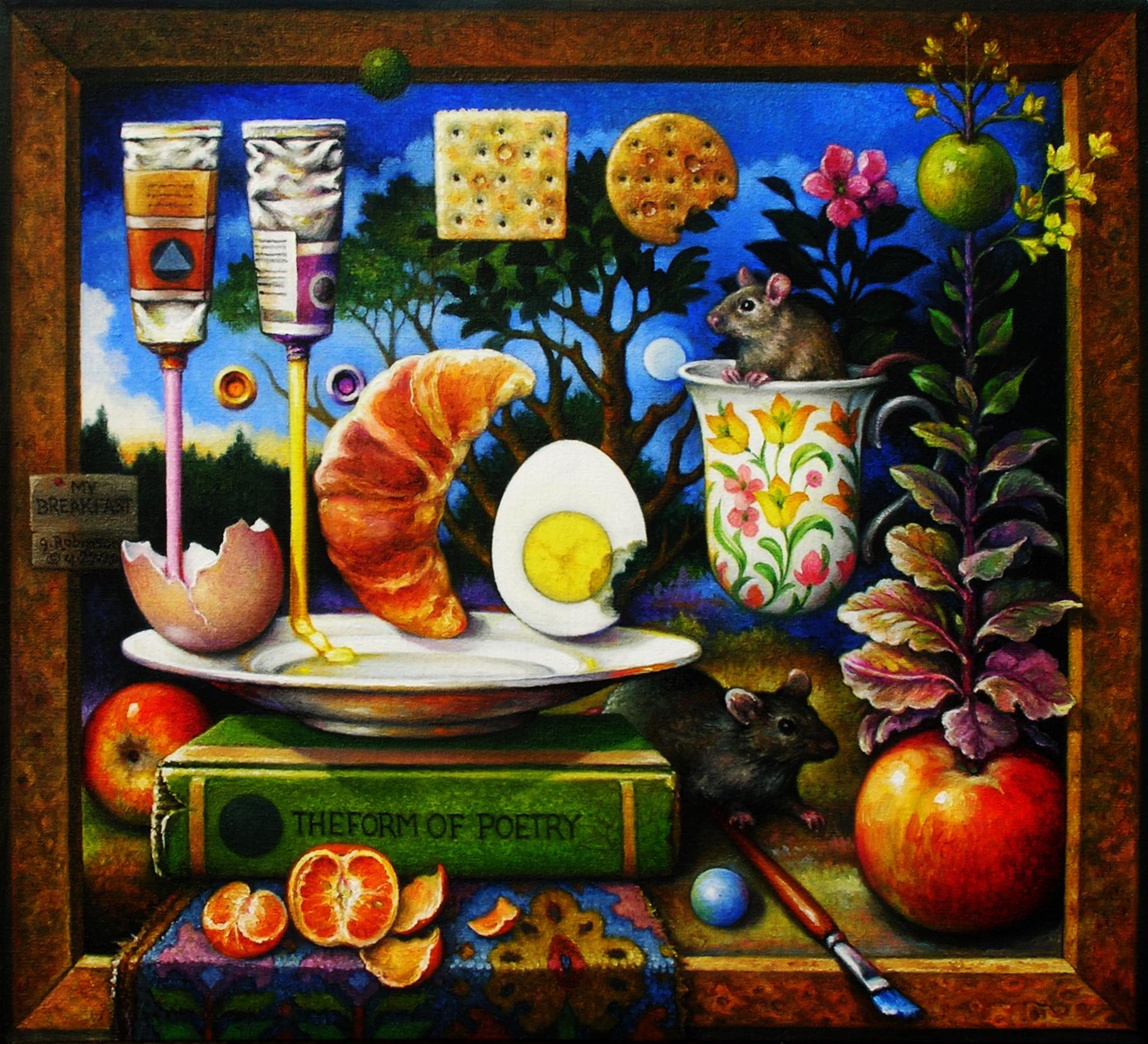 Guy Robinson Still-Life Painting - "My Breakfast" - Surrealist Painting - Still Life - patterns - Arcimboldo