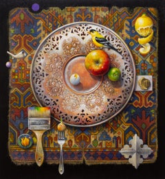 "Numinous Objects" - surrealist still life, circles, goldfinch, apple