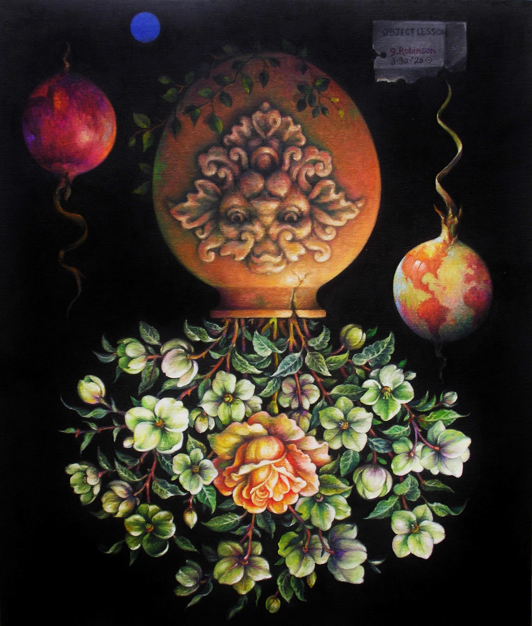 "Object Lesson" - Surrealist Painting, still life, floral, globe - Arcimboldo