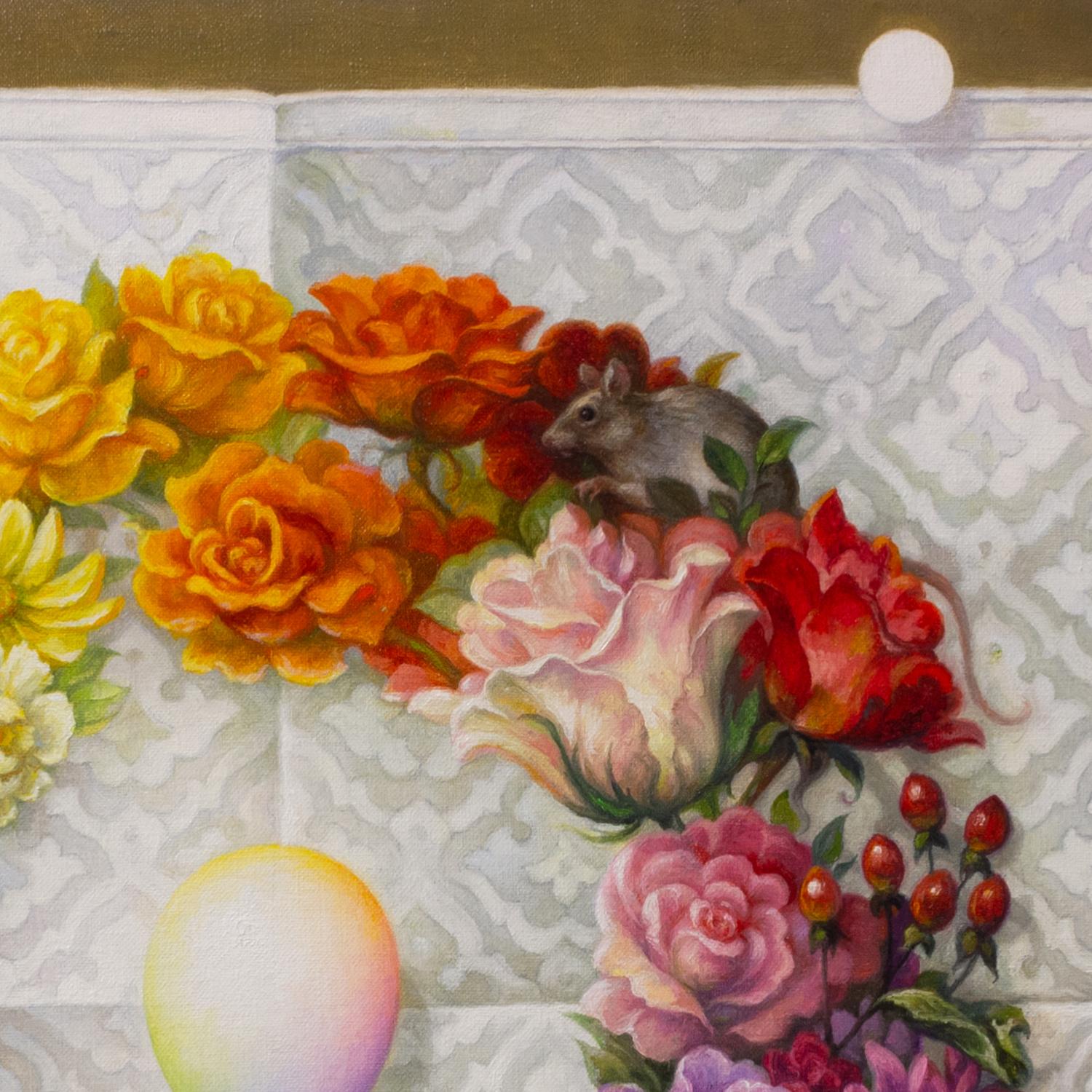 „Organizing Principle“ – surrealistisches Stillleben, Blumen, Regenbogen, Farbspektrum (Surrealismus), Painting, von Guy Robinson