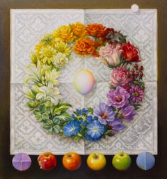 "Organizing Principle" - surrealist still life, flowers, rainbow, color spectrum