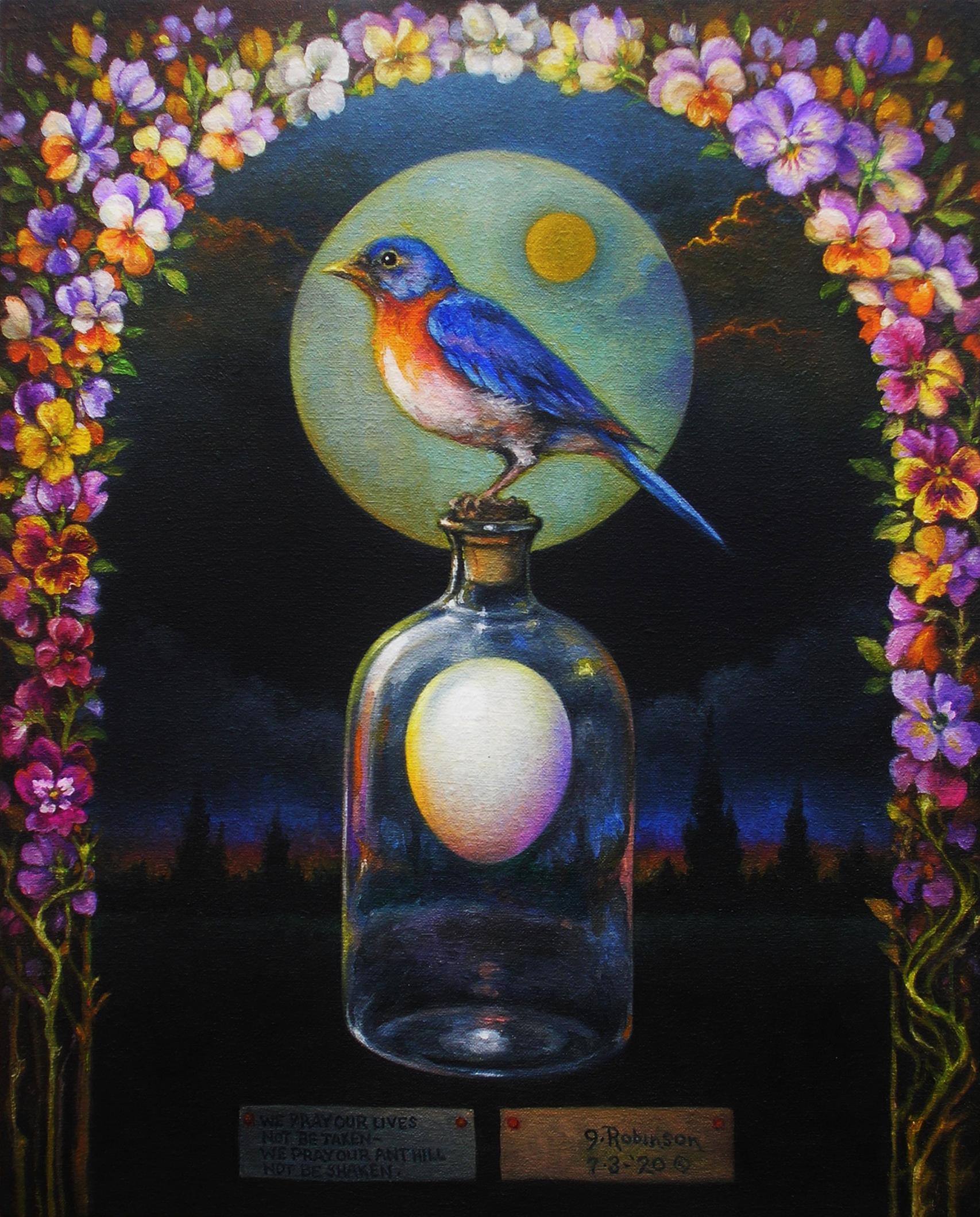 Guy Robinson Still-Life Painting - "Prayer" - Surrealist Painting - Still Life - patterns - blue bird - Arcimboldo