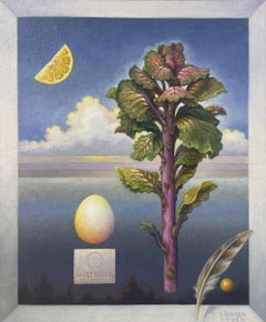 "Quiet Grove" - natura morta surrealista, uovo, paesaggio