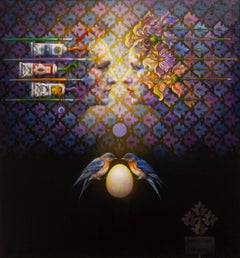 "Reflection 4" - surrealist portrait, flowers, rainbow, blue birds, love