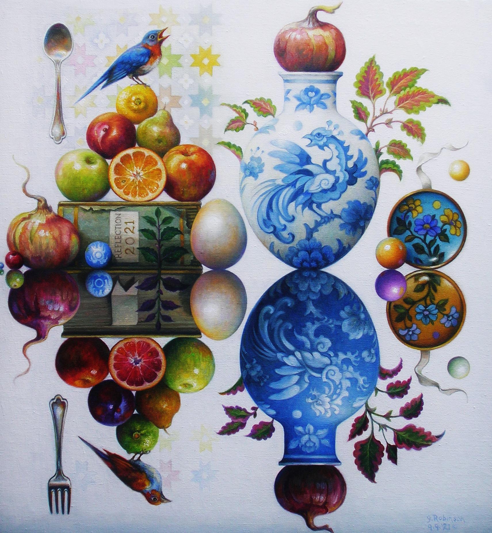 Guy Robinson Still-Life Painting - "Reflection" - Surrealist still life, fruit, birds, books - Arcimboldo