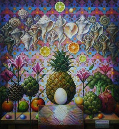 ""Sacred Grove #6" - Peinture surréaliste, nature morte, légumes - Arcimboldo