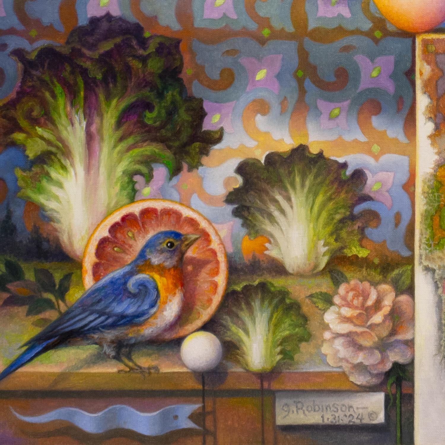 Questo dipinto presenta sfumature di verde, viola, blu, rosso e giallo.
Questo ritratto surrealista presenta uccelli blu, fiori, frutta e verdura e motivi.

Guy Robinson si ispira alle opere di Paul Klee, Albrecht Durer e Giuseppe Arcimboldo.

Guy