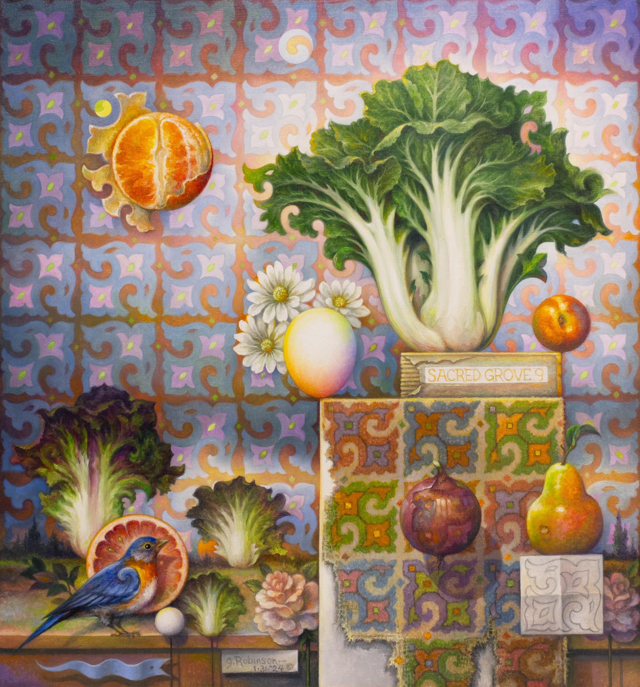 Still-Life Painting di Guy Robinson - "Sacred Grove 9" - ritratto surrealista, fiori, arcobaleno, uccelli blu, amore