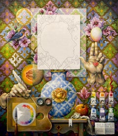 "Self Portrait in Absentia 2" - surrealist portrait, flowers, patterns, paint
