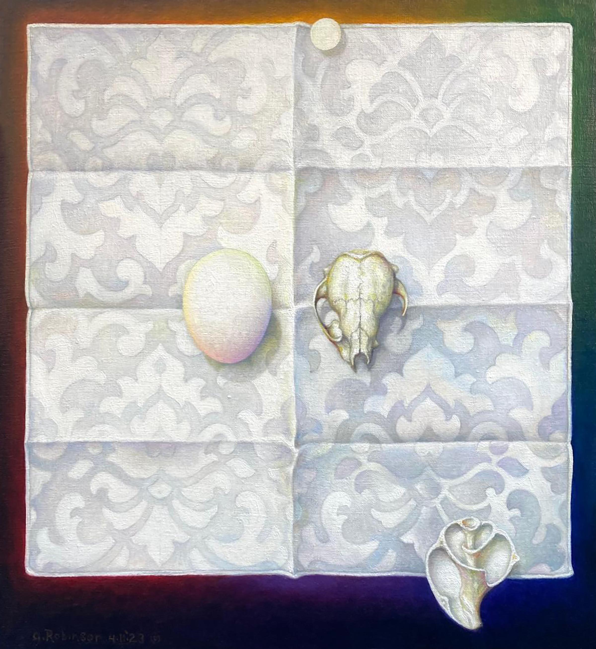 Guy Robinson Still-Life Painting - "Small Study in White" - surrealist still life, lace, skull, patterns, shell