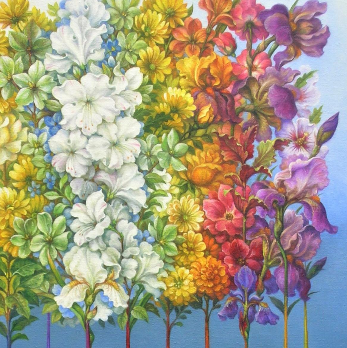 « Printemps » - Nature morte surréaliste, botanique, œuf, arc-en-ciel, pinceaux - Painting de Guy Robinson