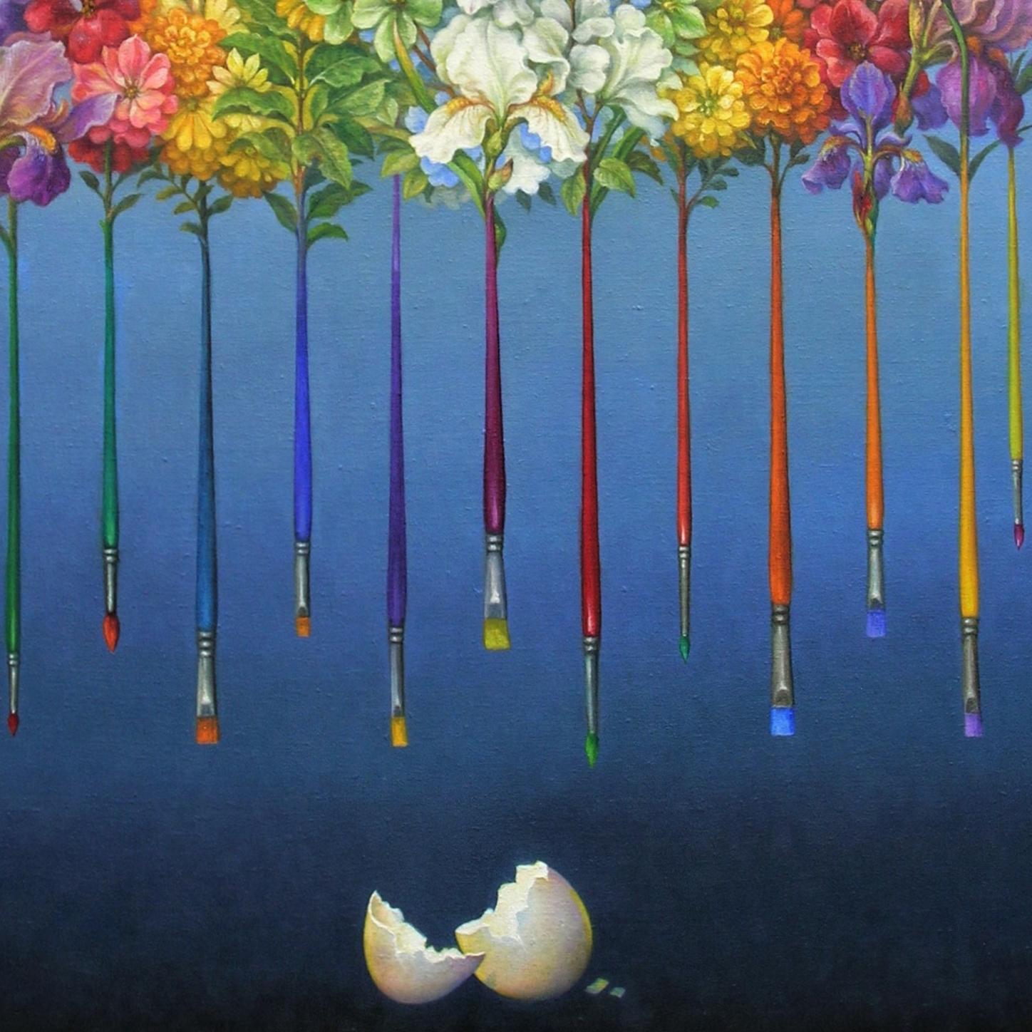 « Printemps » - Nature morte surréaliste, botanique, œuf, arc-en-ciel, pinceaux - Surréalisme Painting par Guy Robinson