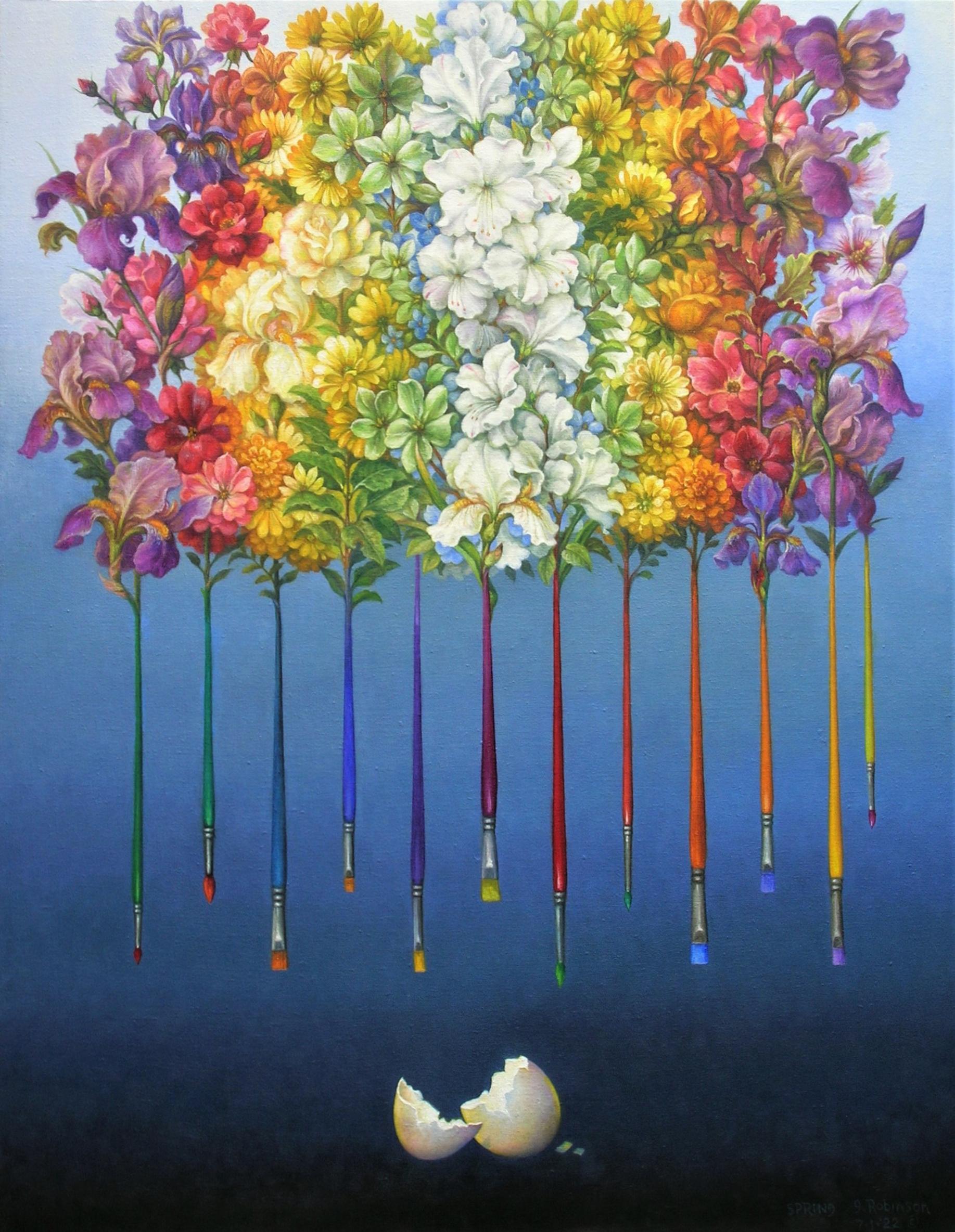 Guy Robinson Still-Life Painting - "Spring" - Surrealist still life, botanical, egg, rainbow, paint brushes