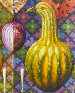 "The Man in the Mirror" - surrealist still life painting, squash, pattern, snack