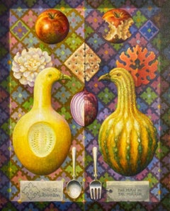 "The Man in the Mirror" - surrealist still life painting, squash, pattern, snack