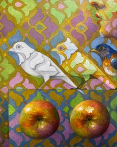 „Der Mythos der Festigkeit“ – surrealistische Porträtmalerei, Muster, Apfel, blauer Vogel