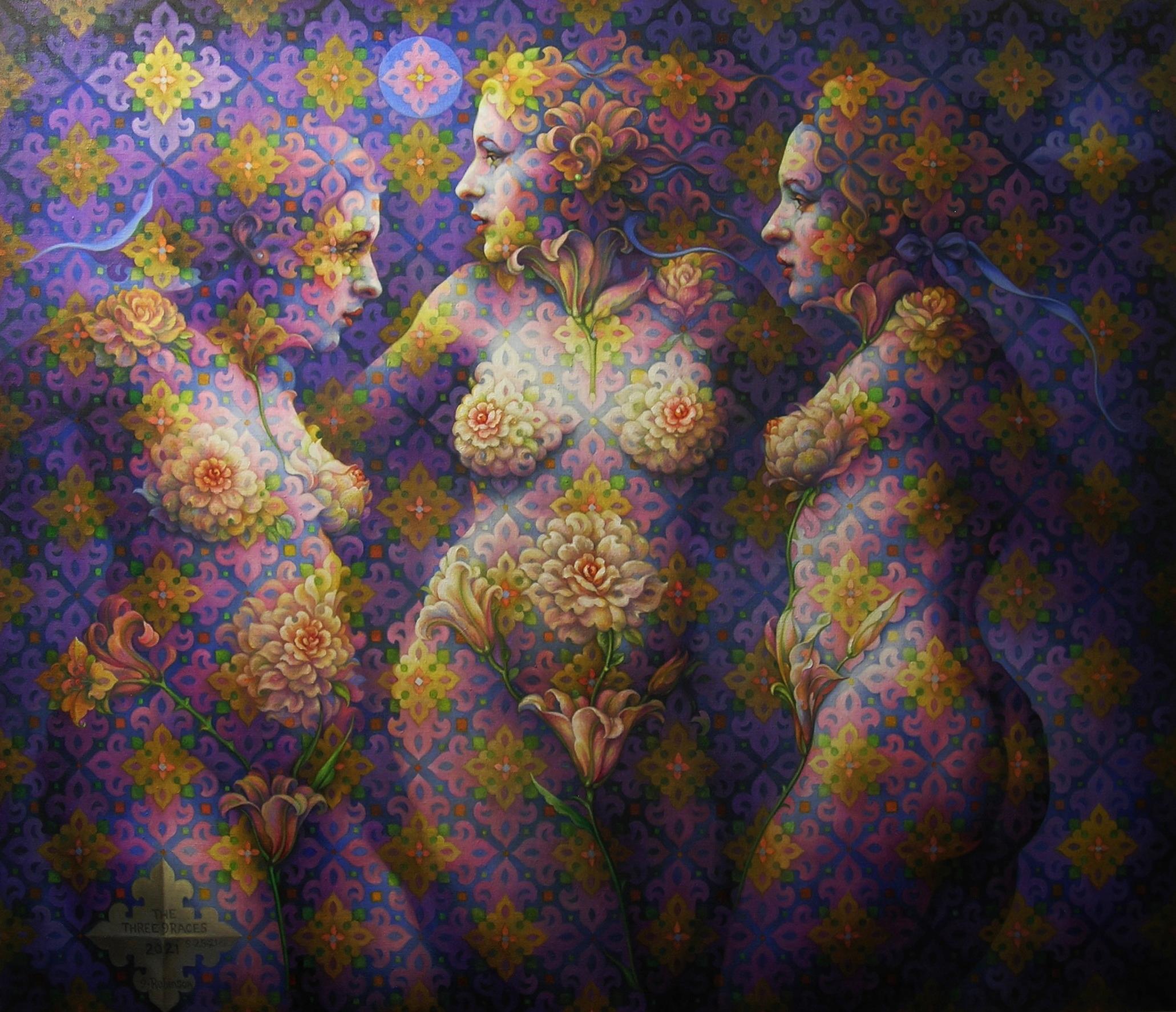Guy Robinson Still-Life Painting - "The Three Graces" - Surrealism, figurative, nudes, patterns - Arcimboldo