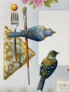 "To Be Announced" - surrealist painting, azalea, birds, toast, white square