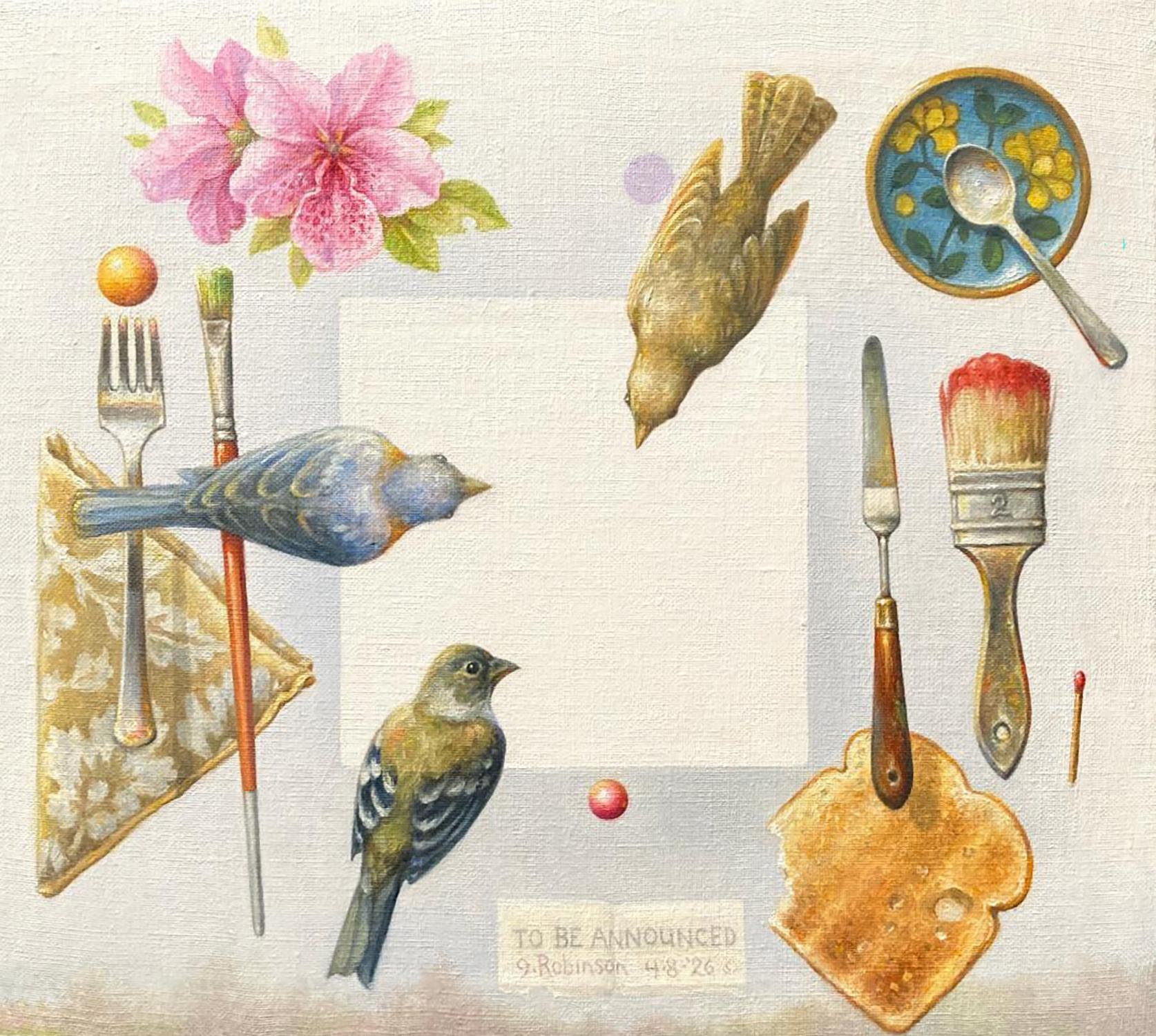 "To Be Announced" - surrealist painting, azalea, birds, toast, white square