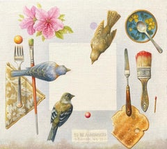 "To Be Announced" - surrealist painting, azalea, birds, toast, white square