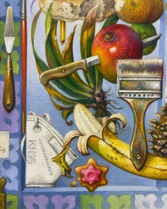 "Wreath of Damaged Goods" - surrealist painting, mandala, landscape, food