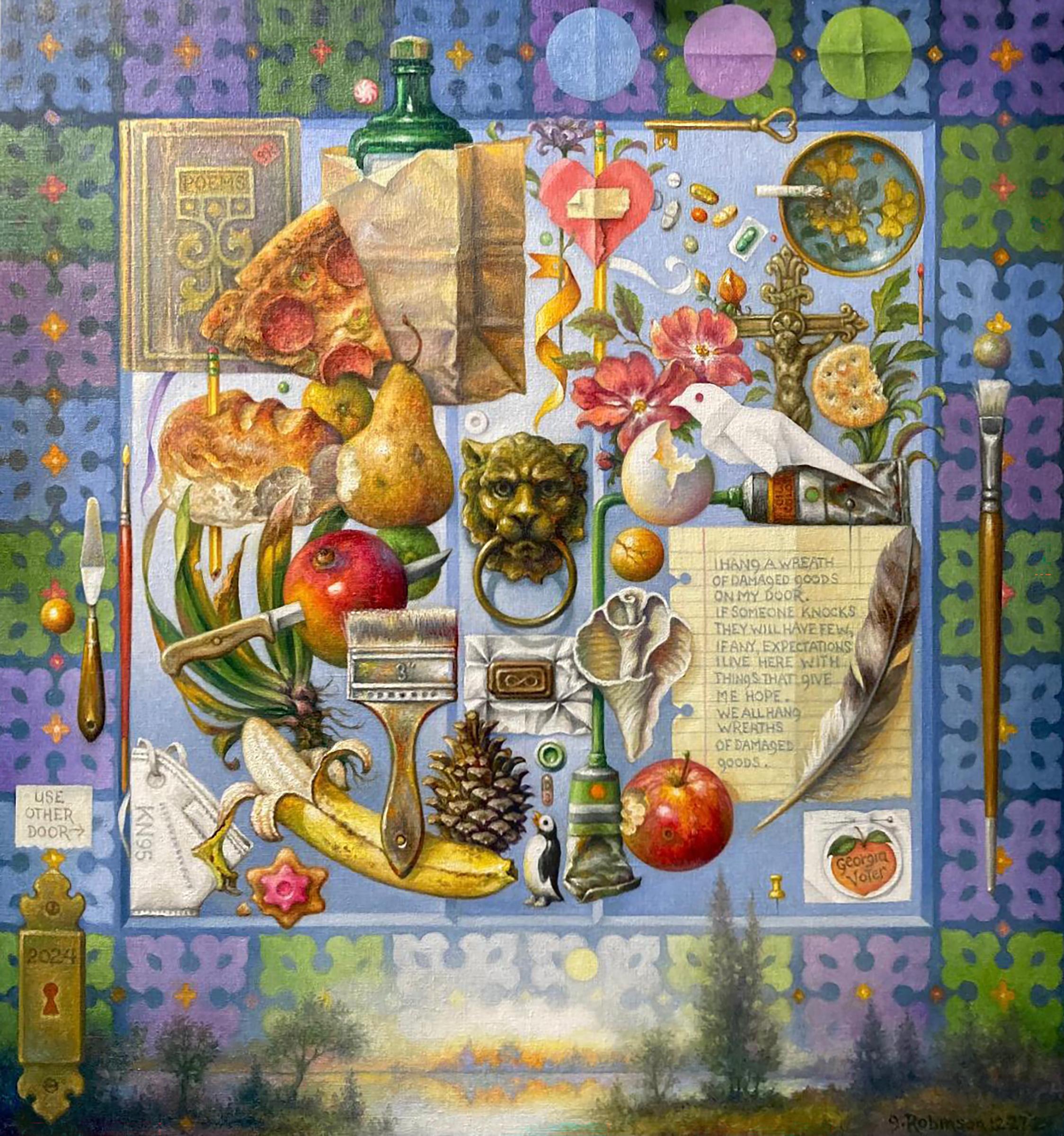 „Kranz aus beschädigten Waren“ – surrealistisches Gemälde, Mandala, Landschaft, Lebensmittel