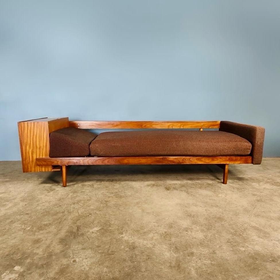 Guy Rogers 1970s Sofa Bed Teak Tweed Mid Century Vintage Retro MCM In Excellent Condition For Sale In Cambridge, GB