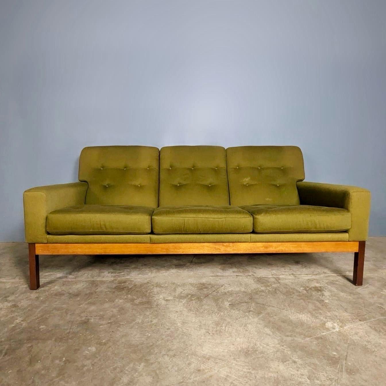 Mid-Century Modern Guy Rogers Three Seater Sofa Matching Armchairs Green Wool Silk Fabric