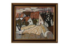 Gran Paisaje Francés de Mediados de Siglo, Pintura al Óleo Campestre Vintage sobre Lienzo