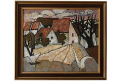 Grande paesaggio francese della metà del secolo scorso, pittura ad olio su tela di campagna d'epoca