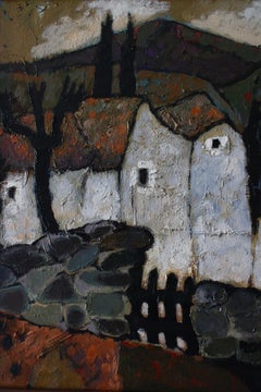 Paesaggio francese in stile Mid-Century Modern, dipinto a olio vintage su tela raffigurante la campagna