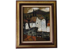 Paesaggio francese in stile Mid-Century Modern, dipinto a olio vintage su tela raffigurante la campagna