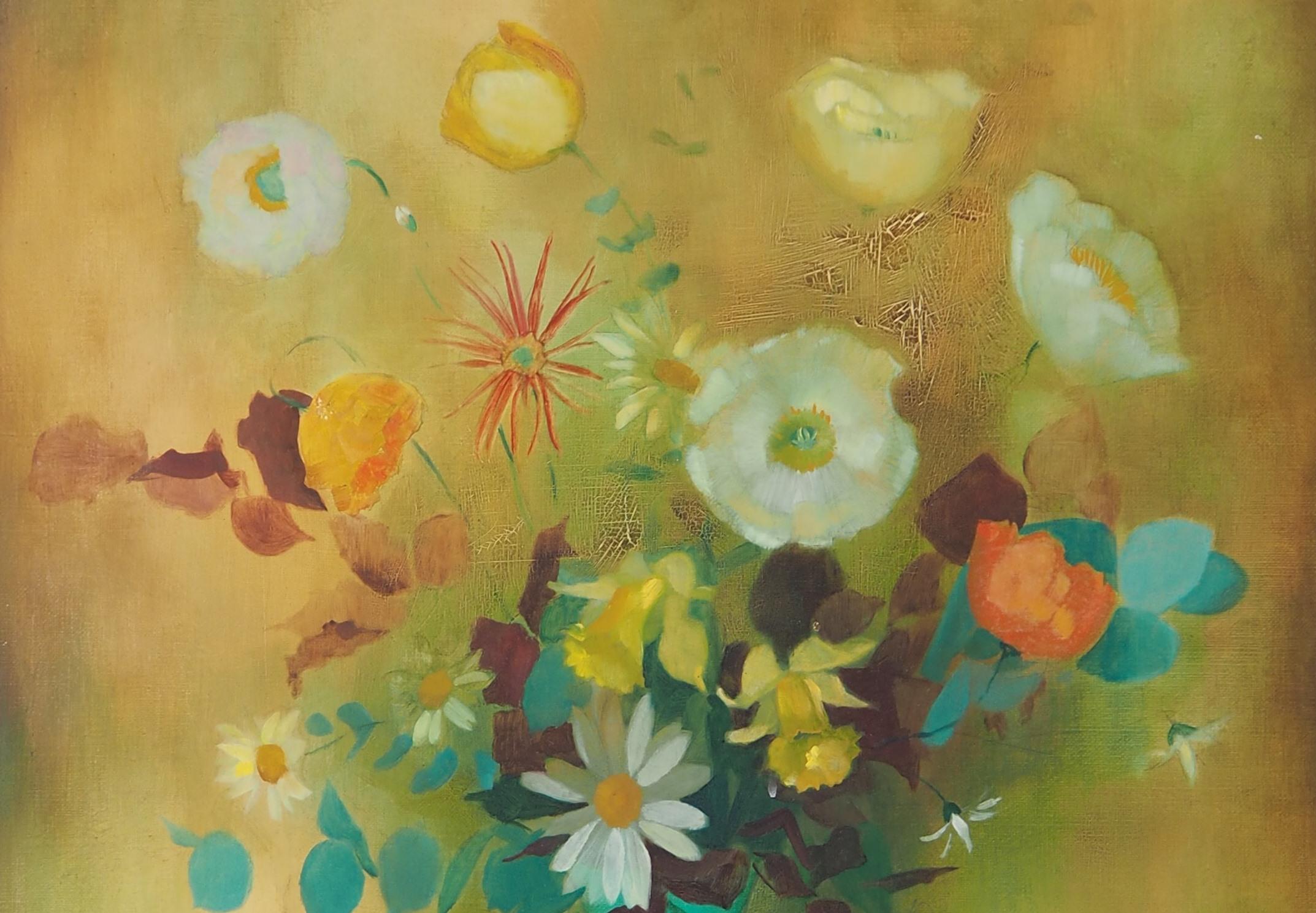 Spring, Bouquet of Flowers and Grapes - Original Oil on Canvas, Signed - Brown Still-Life Painting by Guy Seradour