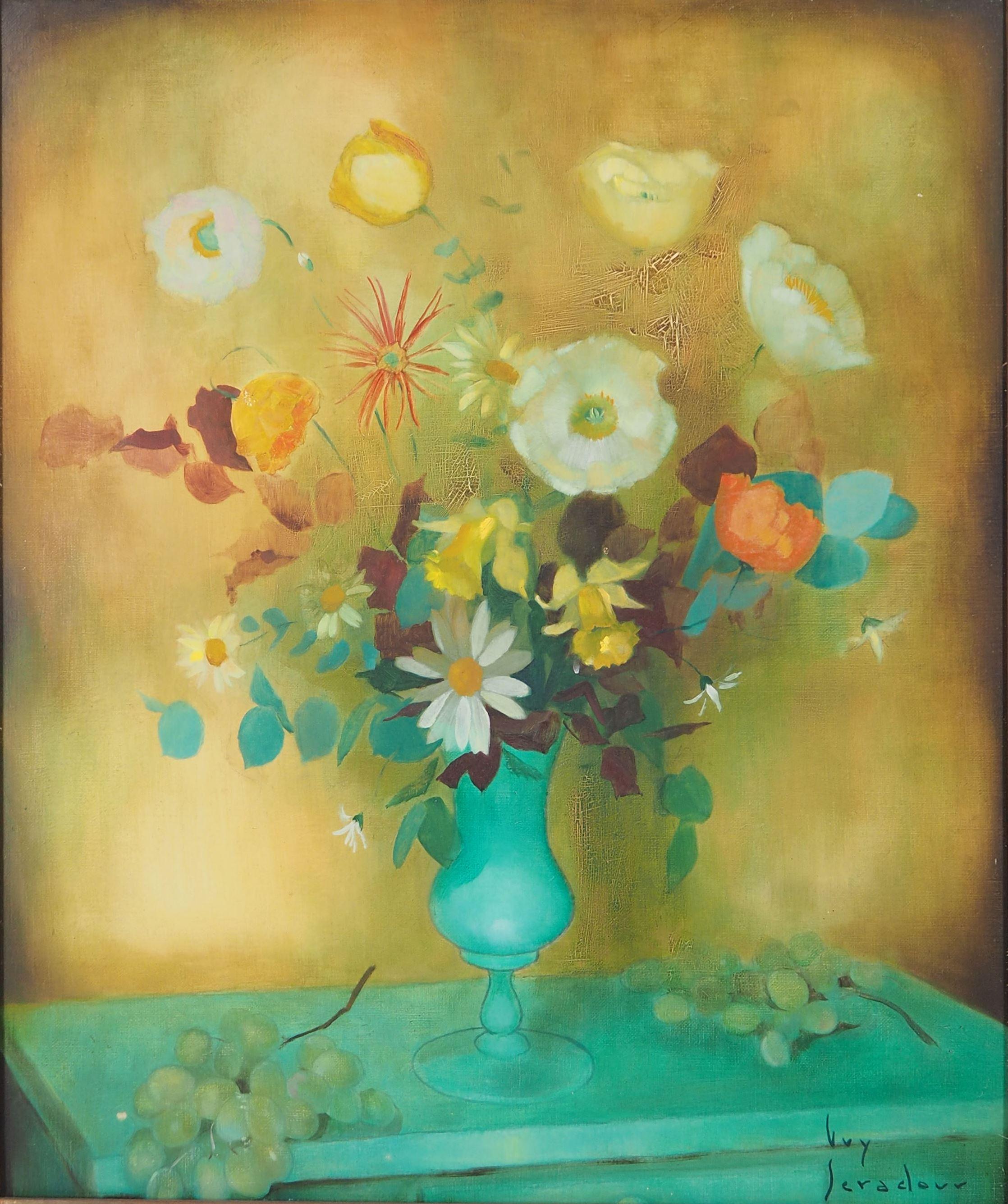 Guy Seradour Still-Life Painting - Spring, Bouquet of Flowers and Grapes - Original Oil on Canvas, Signed
