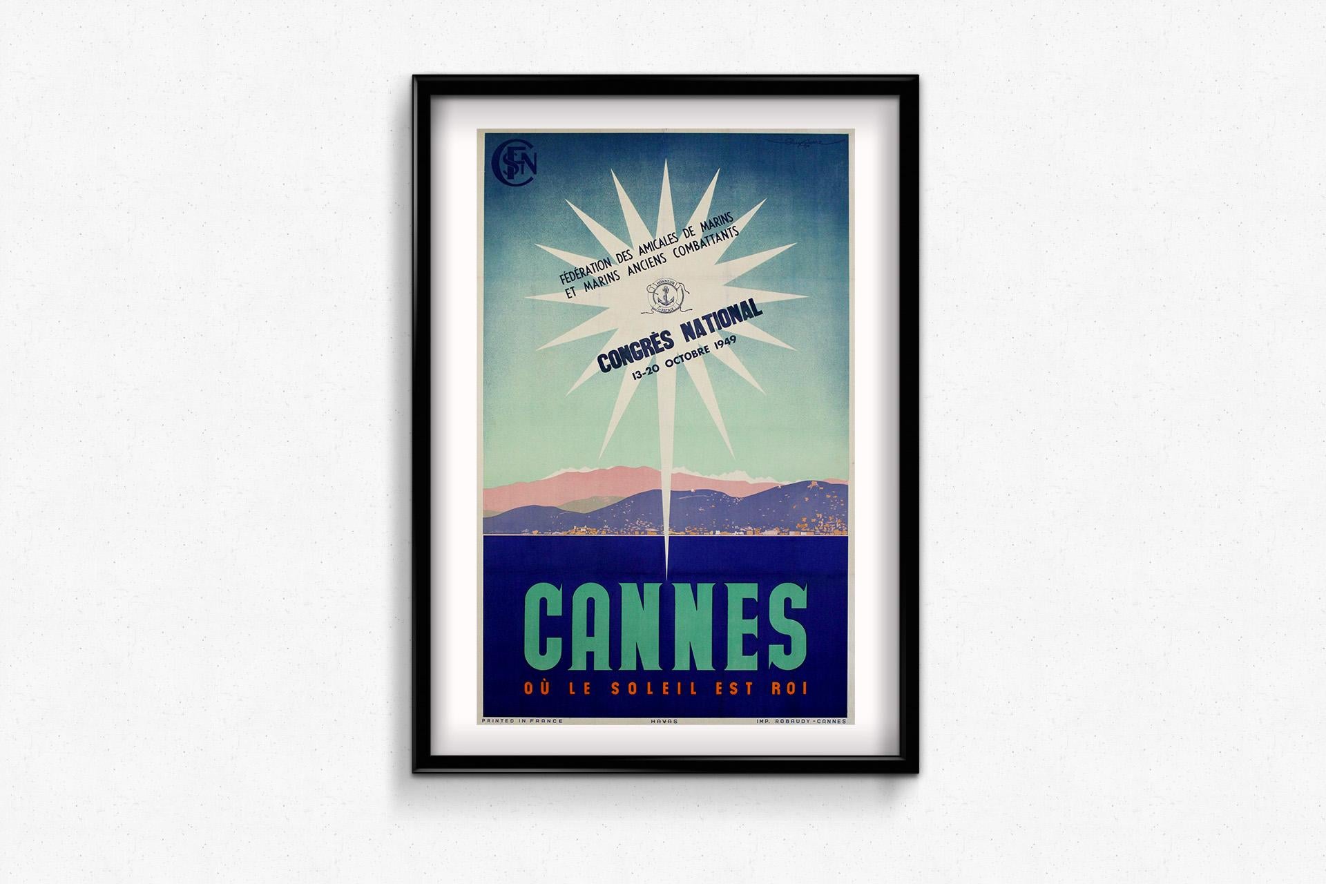 manifesto originale del 1949 di Guy Serre per SNCF - Cannes: Où le Soleil est Roi in vendita 1