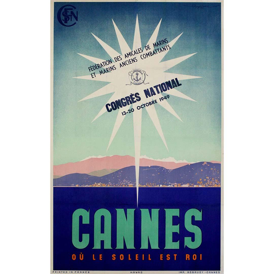 Il manifesto originale del 1949 di Guy Serre per Cannes: Où le Soleil est Roi è un'impressionante pubblicità di viaggio di metà secolo commissionata per promuovere la Costa Azzurra come destinazione principale per il tempo libero e il relax. Creato