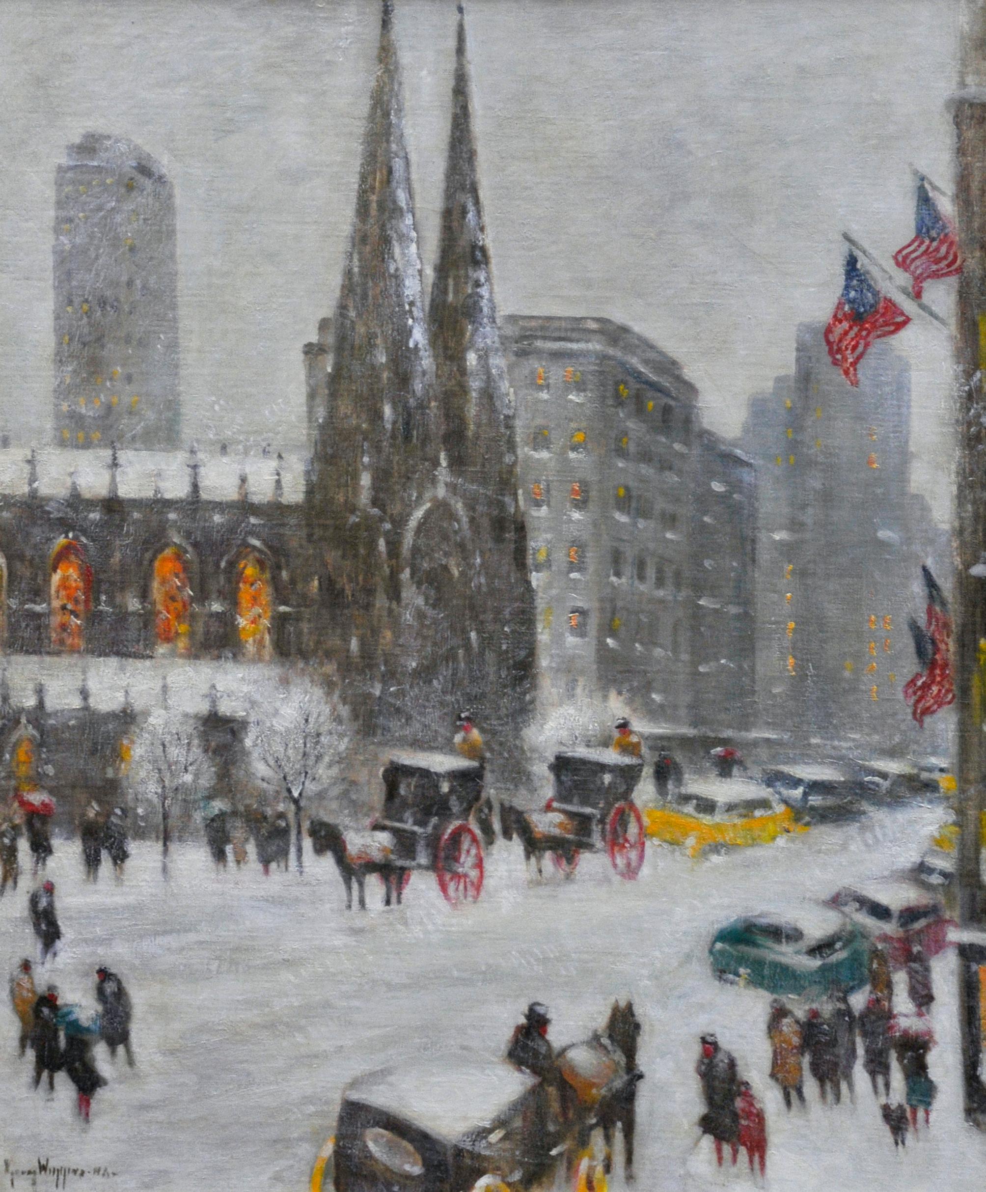 One Winter's Day, American Impressionist New York City Street Scene 1958, Framed - Painting by Guy Wiggins