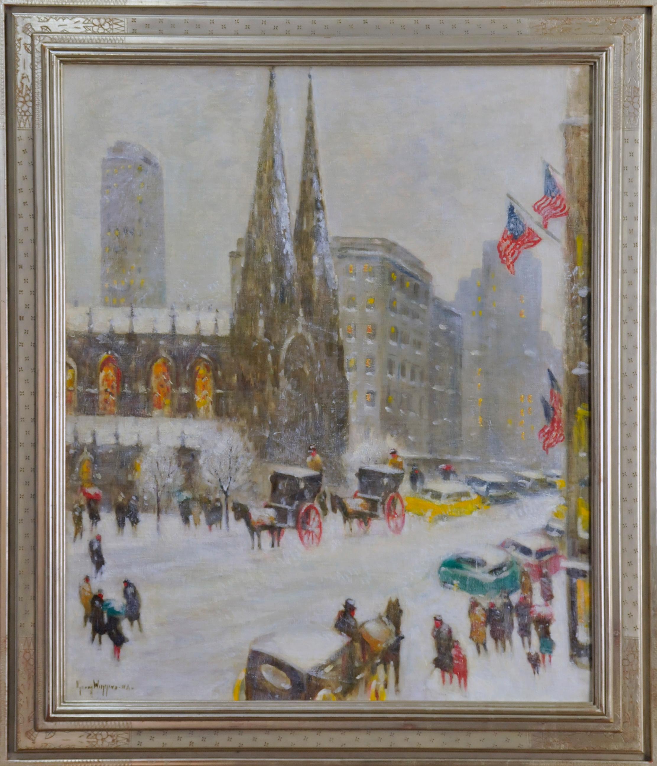Guy Wiggins Figurative Painting - One Winter's Day, American Impressionist New York City Street Scene 1958, Framed