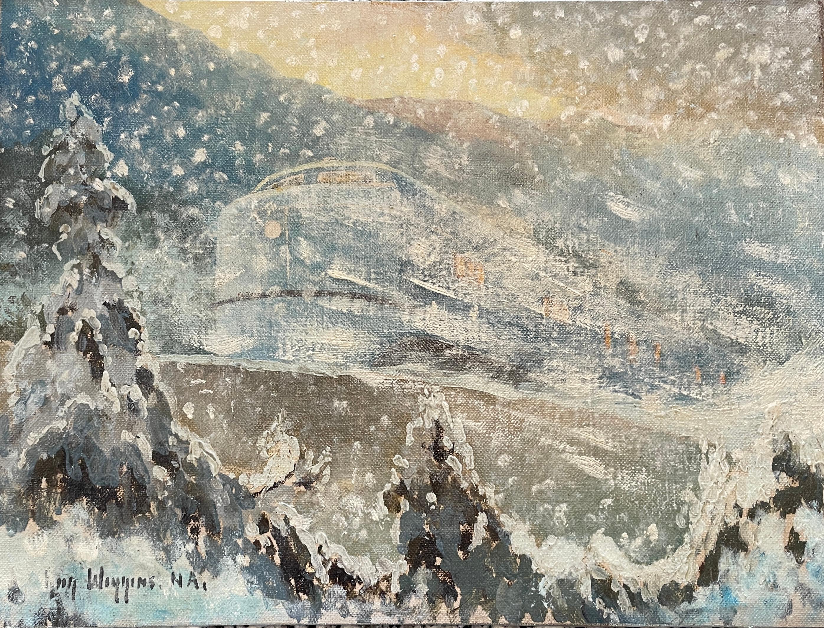 Der Maler von C. Wiggins (1883 - 1962)
Kommodenzug in Schneeschneebahn, 1957
Ölgemälde auf Papierplatte
8 x 10 Zoll
Signiert unten links; auf der Rückseite signiert und datiert

Die impressionistische Schneeszenen von New York in den 1920er Jahren