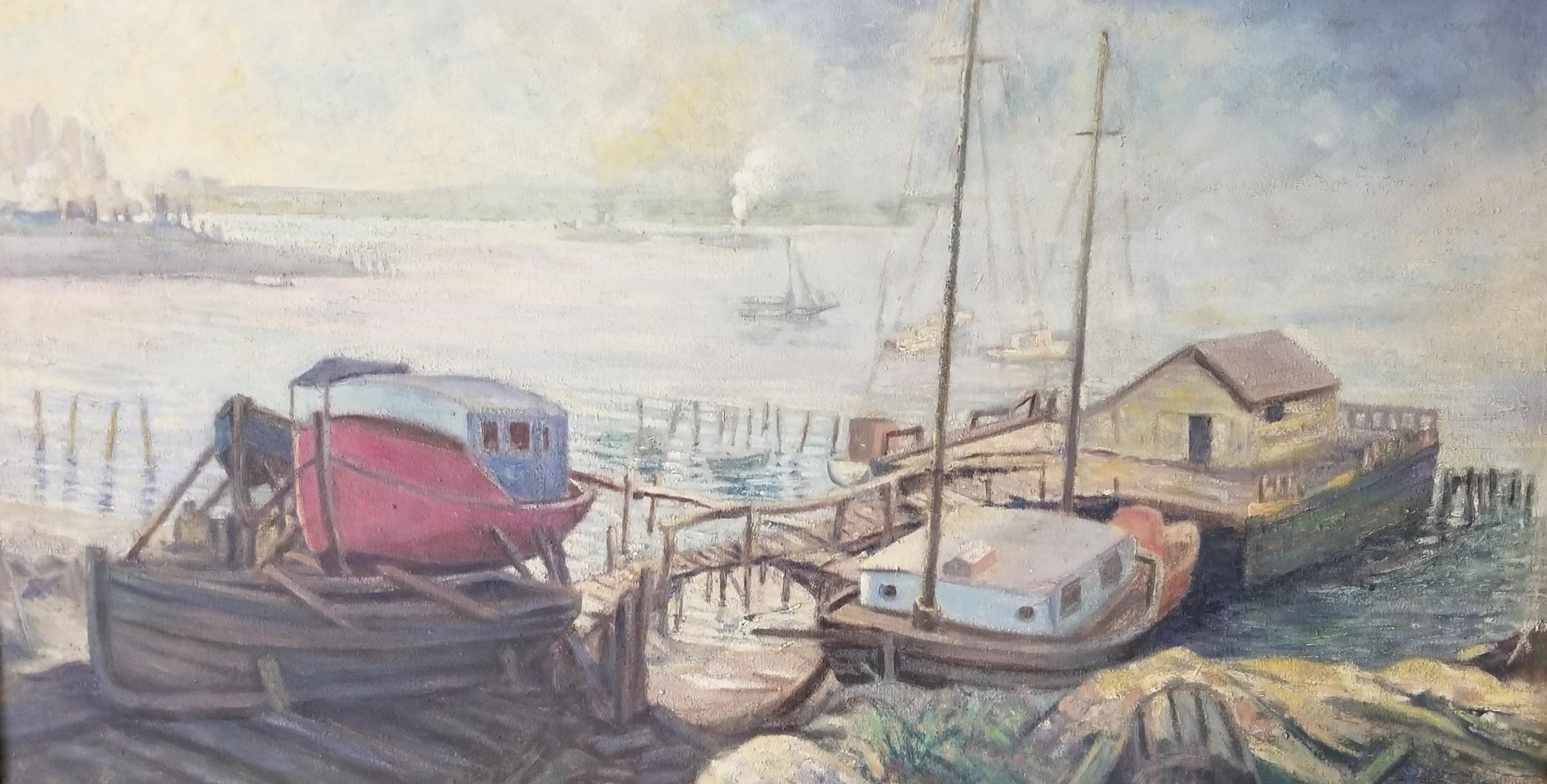 Guy Wiggins Landscape Painting – New Yorker Hafen 