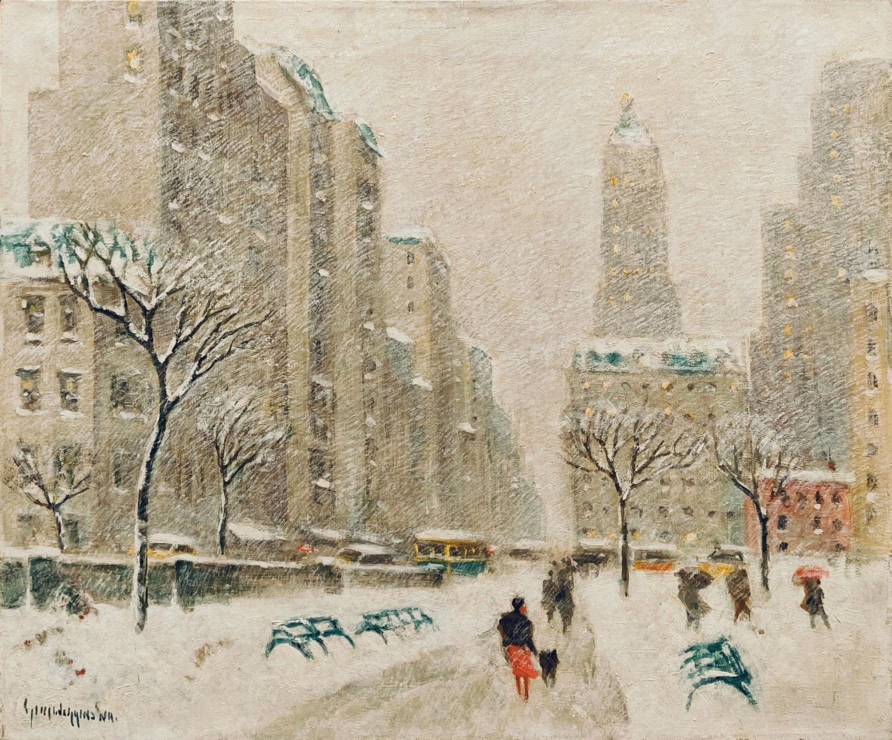 Landscape Painting di Guy Wiggins - "Giorni argentei, Madison Square Park, New York" Scena di strada impressionista