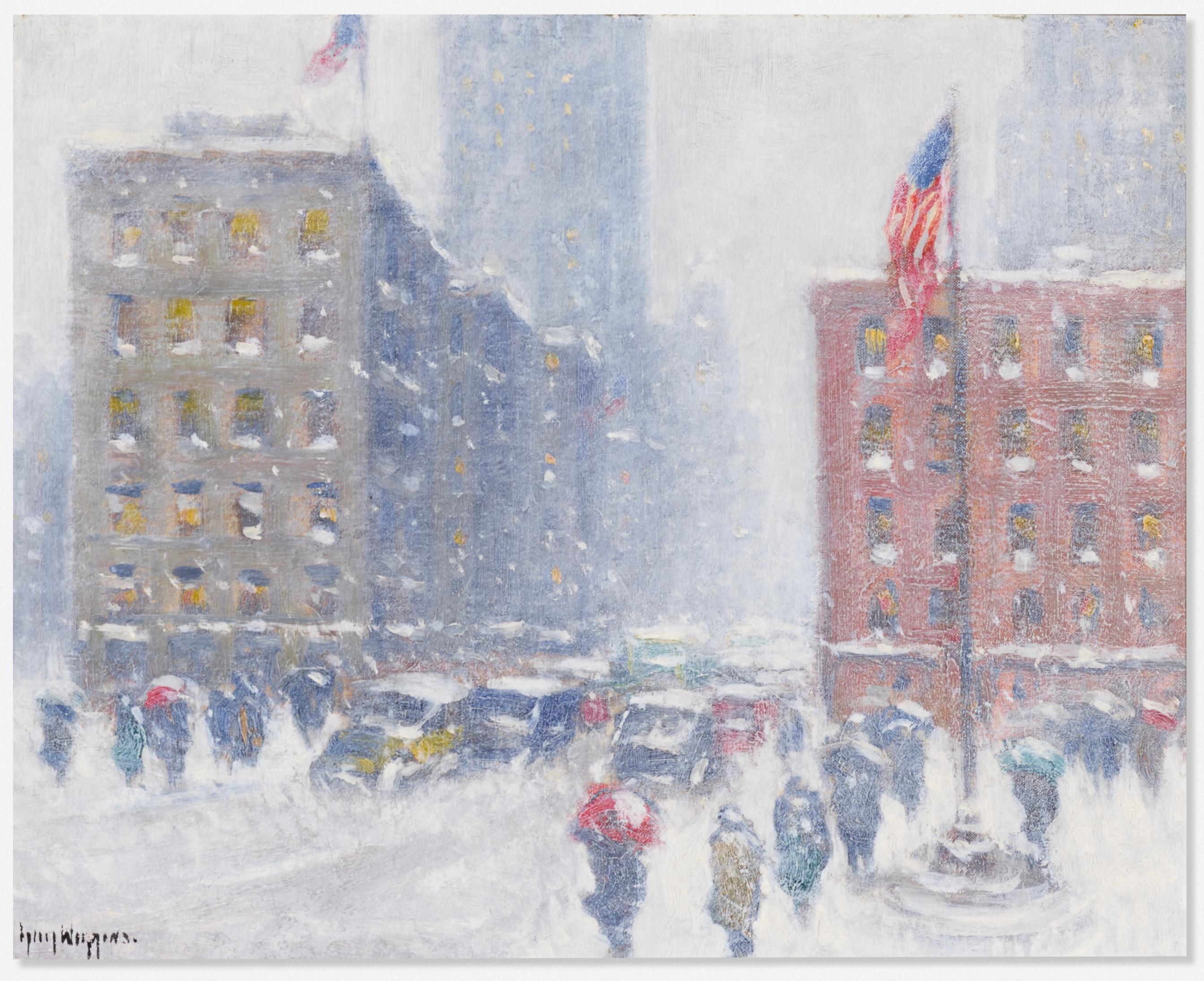 Snow, Madison Square New York City with American Flags - Painting by Guy Wiggins