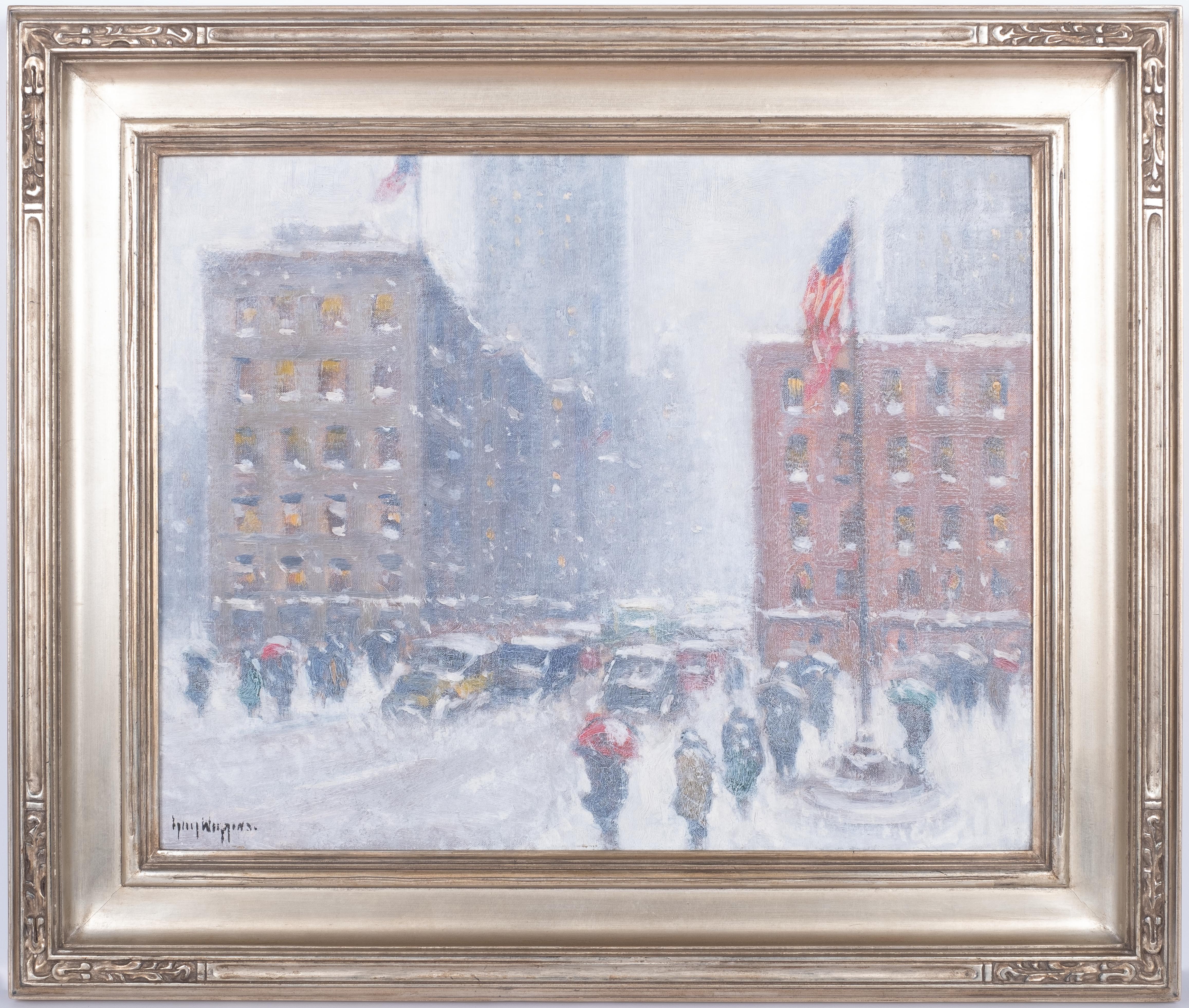 Guy Wiggins Landscape Painting - Snow, Madison Square New York City with American Flags