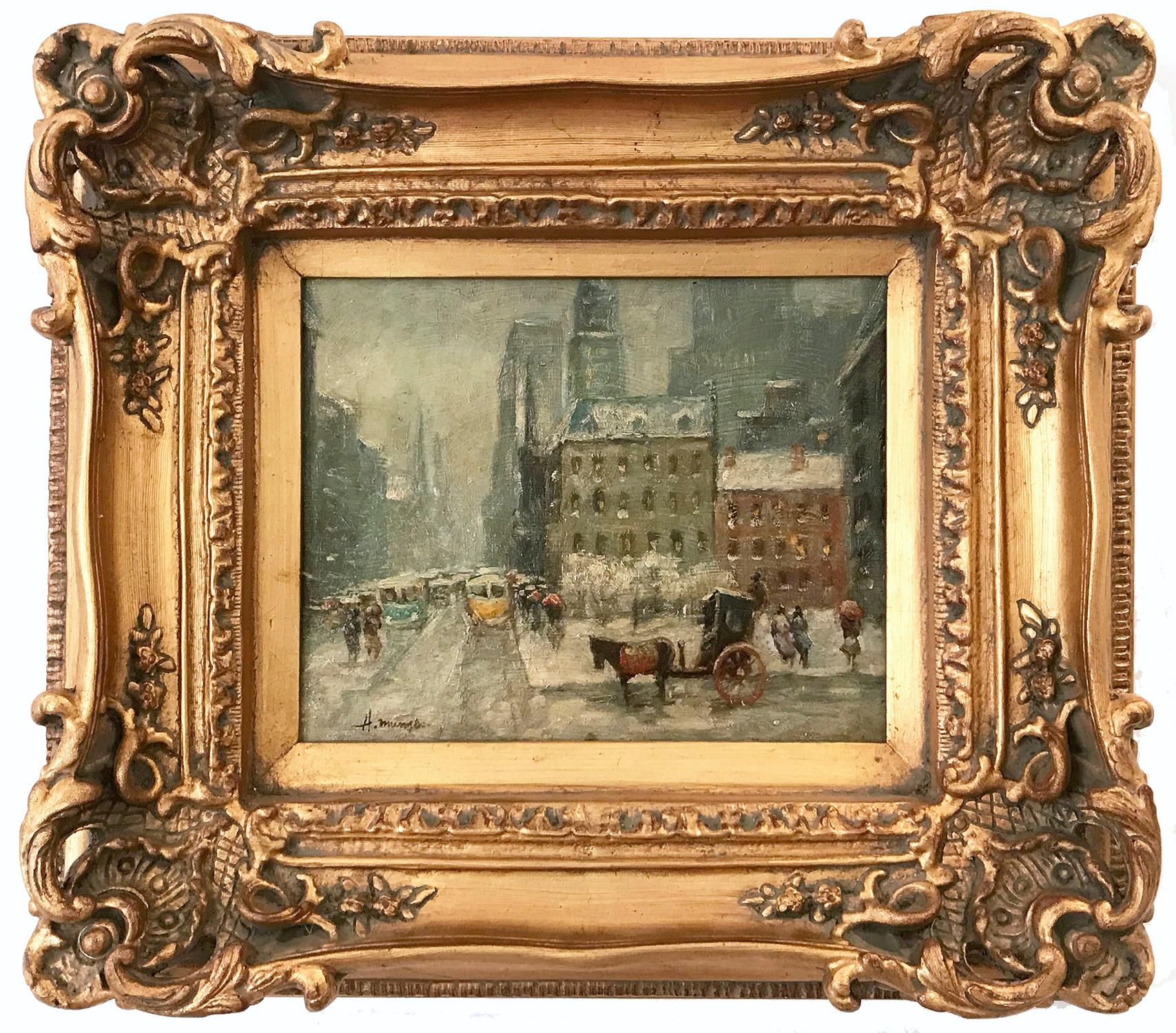 This painting depicts an impressionistic scene of New York, Central Park West on a snowy day after Guy Wiggins. The artist is unknown but was active in the 20th Century. Beautiful brushwork and whimsical colors. The work captures Manhattan and times