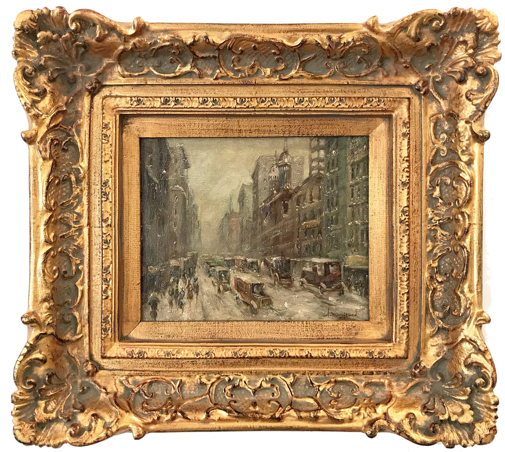 This painting depicts an impressionistic scene of Downtown New York on a snowy day after Guy Wiggins. The artist is unknown but was active in the 20th Century. Beautiful brushwork and whimsical colors. The work captures Manhattan and times of the